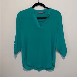 Teal Split Neck Roll Tab Blouse 3/4 Sleeve Lightweight Office Career Top S